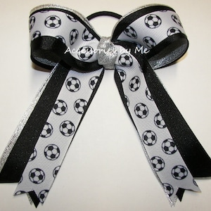 Soccer Black Bow, Soccer Hair Bow, Sparkly Soccer Black Silver Ponytail Ties, Soccer Ball Team Bow, Custom Soccer Team Bow, Bulk Soccer Bows