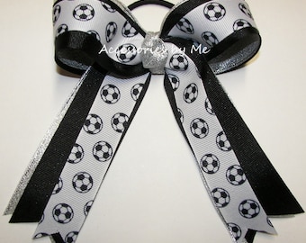 Sparkly Soccer Ribbon Ponytail Bow, Black Silver, Custom Team Colors