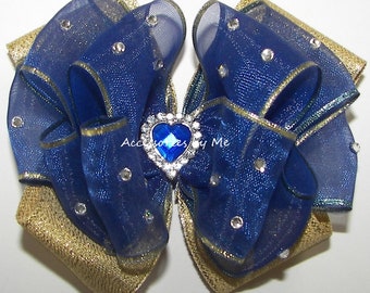 Glitzy Royal Gold Hair Bow, Pageant Royal Blue Gold Hair Bow, Heart Rhinestone Blue Gold Clip, Flower Girls Cobalt Bow, Toddler Dress up Bow
