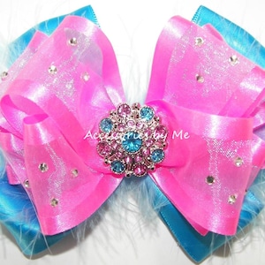 Glitzy Hot Pink Bow, Turquoise Blue Tutu Clip, Glitter Hot Pink Turquoise Blue Marabou Hair Bow, Custom Hair Bow, Glitz Pageant Feathery Bow