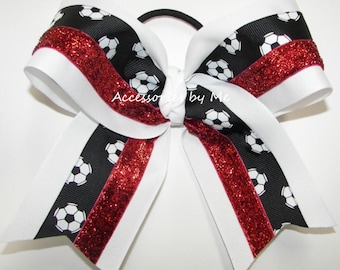 Soccer Black White Red Glitter Hair Bow, Senior Player Spirit Clip, Bulk Team Gift
