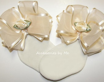 Frilly Ivory Socks, Ivory Bow Socks, Ivory Organza Satin Roses Bow Socks, Infant Ivory Socks, Toddler Flower Girls Socks, Dressy Cream Socks
