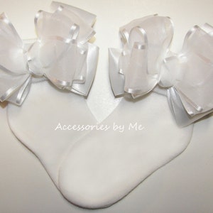 Flower Girls Socks, Dressy White Bow Socks, White Organza Satin Bow Socks, 1st Communion Socks, Girls Baptism Socks, Girls Christening Socks