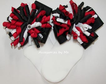 White Korker Bow Socks, Black Red Curly Ribbon Cheer Bows Socks