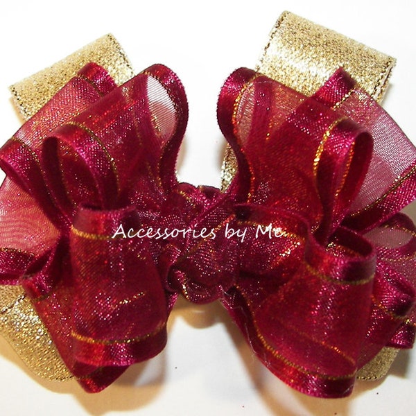 Wine Gold Hair Bow, Burgundy Gold Clip, Red Wine Gold Organza Satin Metallic Bow Barrette, Baby Wine Gold Bow, Flower Girl Red Wine Bow Clip