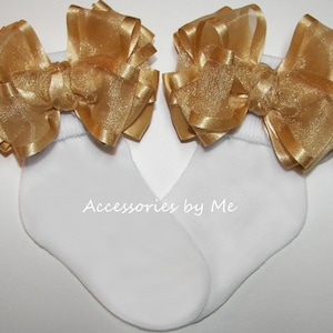 Frilly Gold Bow Socks, Gold Bow Socks, Golden Satin Trim Bows Socks, Toddler Gold Bows Socks, Gold Pageant Socks, Infant Baby Gold Bow Socks