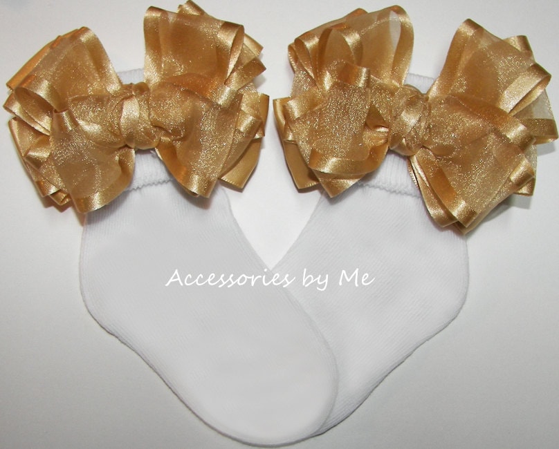 Gold Organza Bow Socks, Frilly Flower Girl Socks
