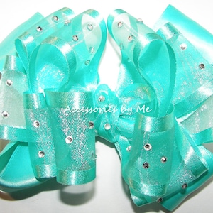 Glitzy Aqua Hair Bow, Pageant Aquamarine Clip, Glitzy Aqua Green Organza Satin Hair Bow, Pageant Aqua Marine Bow Barrette, Over the Top Bows