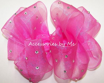 High Glitter Pageant Bow, Pageant Hot Pink Clip, Glitter Hot Pink Organza Hair Bow, Pink Pure Rhinestone Bow, Over the Top Pageant Hot Pink Bow