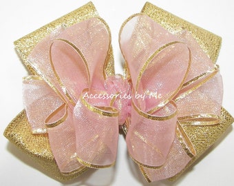 Noeud pour cheveux en organza or rose poudré, barrette à paillettes métalliques, accessoire pour bouquetières mauve