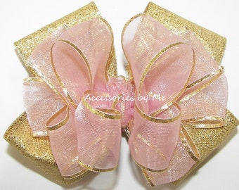 Blush Gold Hair Bow, Blush Pink Gold Clips, Blush Pink Gold Organza Metallic Barrette, Blush Gold 1st Birthday Bows, Mauve Flower Girls Bows