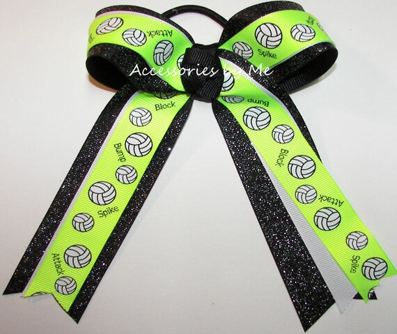 Volleyball Neon Green Black Glitter Bow, Sparkly Ponytail  display picture 1