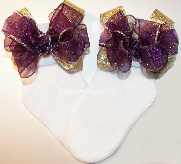 Wine Gold Bow Socks Organza Metallic Sparkly Girls Dressy Baby Infant Newborn