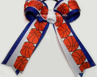 Basketball Hair Bow, Basketball Royal Blue White Ponytail Bow, Sparkly Basketball Bow Clip, Basketball Team Bow, Bulk Basketball Coach Gifts