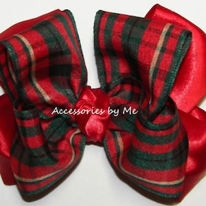 Christmas Plaid Hair Bow, Red Green Plaid Bow, Christmas Green Red Plaid Satin Bow Barrette, Toddler Tartan Xmas Clips, Baby Girls Plaid Bow