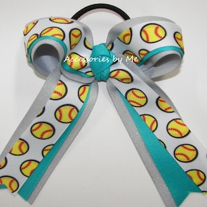 Softball Haarschleife, Softball Grau Bänder, glitzernde Softball Türkis Grau Schleife, Softball Haarbögen, Dazzle Softball Schleife, Mädchen Softball
