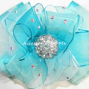 Glitz Pageant Hair Bow, Turquoise Tutu Bow, Turquoise Ombre Organza Satin Tulle Hair Bow, Over the Top Rhinestone Bow, Birthday Princess Bow