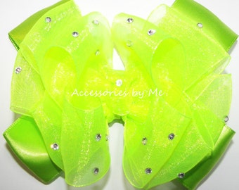 Pageant Neon Green Bow, Glitz Lime Hair Bow, Neon Lime Green Organza Satin Bow Barrette, Birthday Princess Tiana Bows, Baby Frog Green Clips