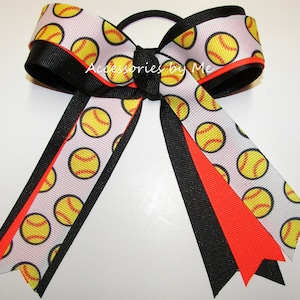 Softball Hair Bows, Softball Black Bows, Softball Black Neon Orange Ponytail Bow, Bulk Softball Coach Bows, Girls Softball Custom Ribbon Bow