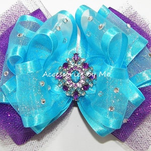 Glitzy Pageant Tutu Bow, Glitzy Turquoise Purple Hair Clip, Over the Top Pageant Bow, Glitter Tulle Hair Barrettes, Custom Pageant Hair Clip