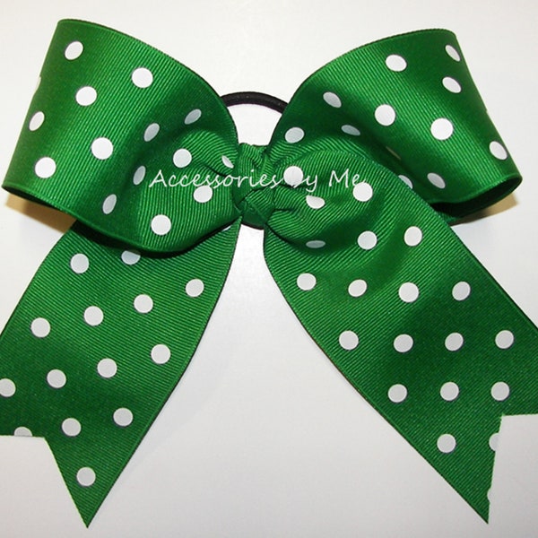 Green Cheer Bow, Green White Polka Dots Cheer Bow, Emerald Green Polka Dot Big Cheer Bow, Two Color Ponytail Bow, Cheap Bulk Cheer Bow Gifts