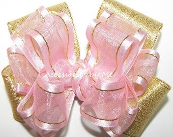 Noeud pour cheveux avec bordure métallique en or rose, barrette pour fille fleur, accessoires de fête 1er anniversaire