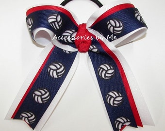 Volleyball Hair Bow, Volleyball Navy Red White Hair Tie, Volleyball Navy Blue Red White Glitter Ponytail Bow, Bulk Volleyball Team Bow Gifts