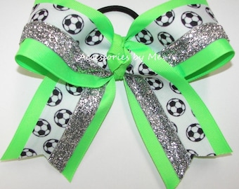 Soccer Neon Green Hair Bow, Silver Glitter Ribbon, Custom Team Color Choice