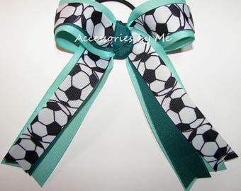 Soccer Green Bow, Sparkly Teal Clip, Bulk Team Bows, Girls Gift