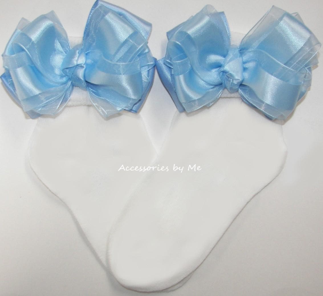 Blue Satin Bow Socks, Flower Girls Socks, 1st Birthday Accessories
