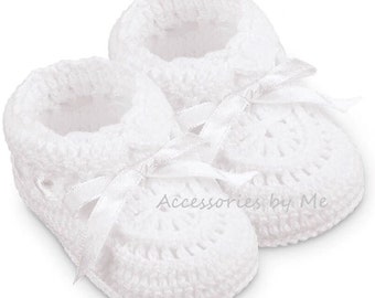 Hand Knit Cotton Baby Booties, White Crochet Shoes, Christening Gift