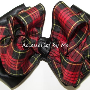 Christmas Plaid Hair Bow, Tartan Plaid Red Black Clip, Red Black Gold Plaid Satin Bow Barrette, Girls School Plaid Bow, Flower Girl Hair Bow