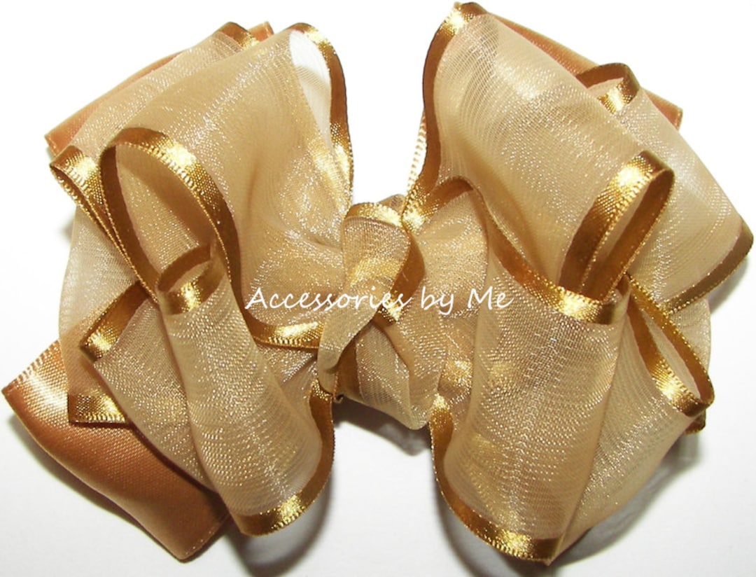 Gold Hair Bow, Gold Satin Clip, Gold Organza Satin Trim Bow Barrette