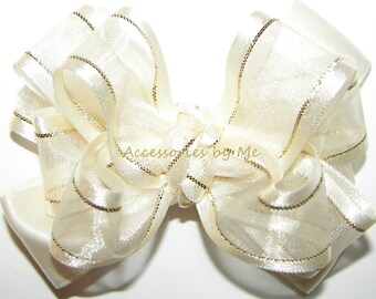 Ivory Gold Bow, Ivory Gold Clip, Ivory Organza Satin Bow, Gold Hair Bow, Flower Girl Beige Bow, Cream Hair Bow, Off White Bow, Ivory Hairbow