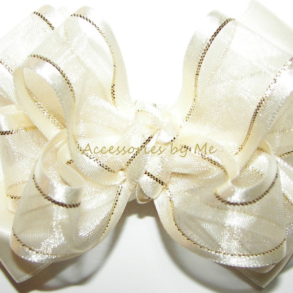 Ivory Hair Bow, Ivory Gold Clip, Ivory Organza Satin Gold Trim Hair Bow, Beige Flower Girl Bow, Cream Hair Bow, Off White Bow, Ivory Hairbow