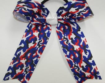 Camouflage Red White Blue Ponytail Bow, Softball Clip, Cheer Hair Tie