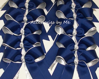 Cheer Bow Bundle, Bulk Cheer Bows, Royal Blue White Silver Bulk Lot Ribbons, Blue School Spirit Team Bows, Lot of Blank Cheer Team Gift Bows