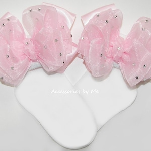 Glitzy Pink Bow Socks, Pageant Light Pink Bow Socks, Glitzy Light Pink Organza Satin Bow Socks, 1st Birthday Girls Socks, Flower Girls Socks