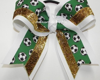 Soccer Hair Bow, Green, White & Gold Glitter, Bulk Team Bows