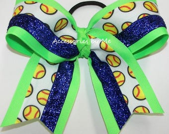 Softball Neon Green Royal Blue Glitter Hair Bow, Senior Player Clip, Bulk Team Bows