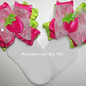 Custom Pageant Socks, Girls Strawberry Shortcake Bow Socks, Glitzy Strawberry Fuchsia Pink Lime Green Ruffle Sock, 1st Birthday Sneaker Sock