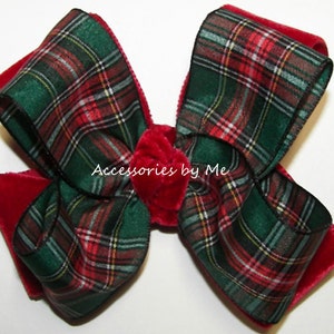 Christmas Plaid Hair Bow, Tartan Plaid Green Red Bow, Scottish Tartan Plaid Green Red Velvet Bow, Flower Girls Red Plaid Velvet Bow Barrette