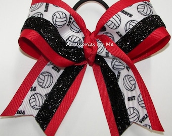 Volleyball Bows, Volleyball Hair Bows, Volleyball Red Black Ribbons Hair Ties, Volleyball Senior Players Gifts, Bulk Volley Ball Ribbon Bows