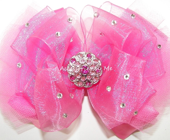Glitzy Hot Pink Tutu Hair Bow, Glitz Hot Pink Organza Satin Tulle - Main Image