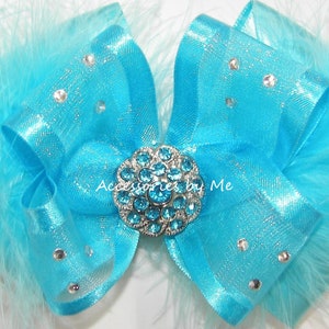 Glitzy Turquoise Bow, Pageant Turquoise Marabou Hair Clip, Glitzy Turquoise Chiffon Marabou Satin Bow, Baby Tutu Bow, 1st Birthday Blue Bows
