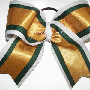 Dazzle Green Gold Cheer Bow, Glitter Green Gold Cheer Bow, Gold White Forest Green Cheer Bow, Notre Dame Big Bows, Football Cheerleader Bows