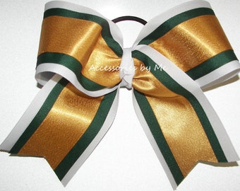 Sparkly Green Gold Cheer Bow, Green Gold Cheer Bow, Sparkle Gold White Forest Green Cheer Bow, Notre Dame Bow, Bulk Cheerleader Big CheerBow