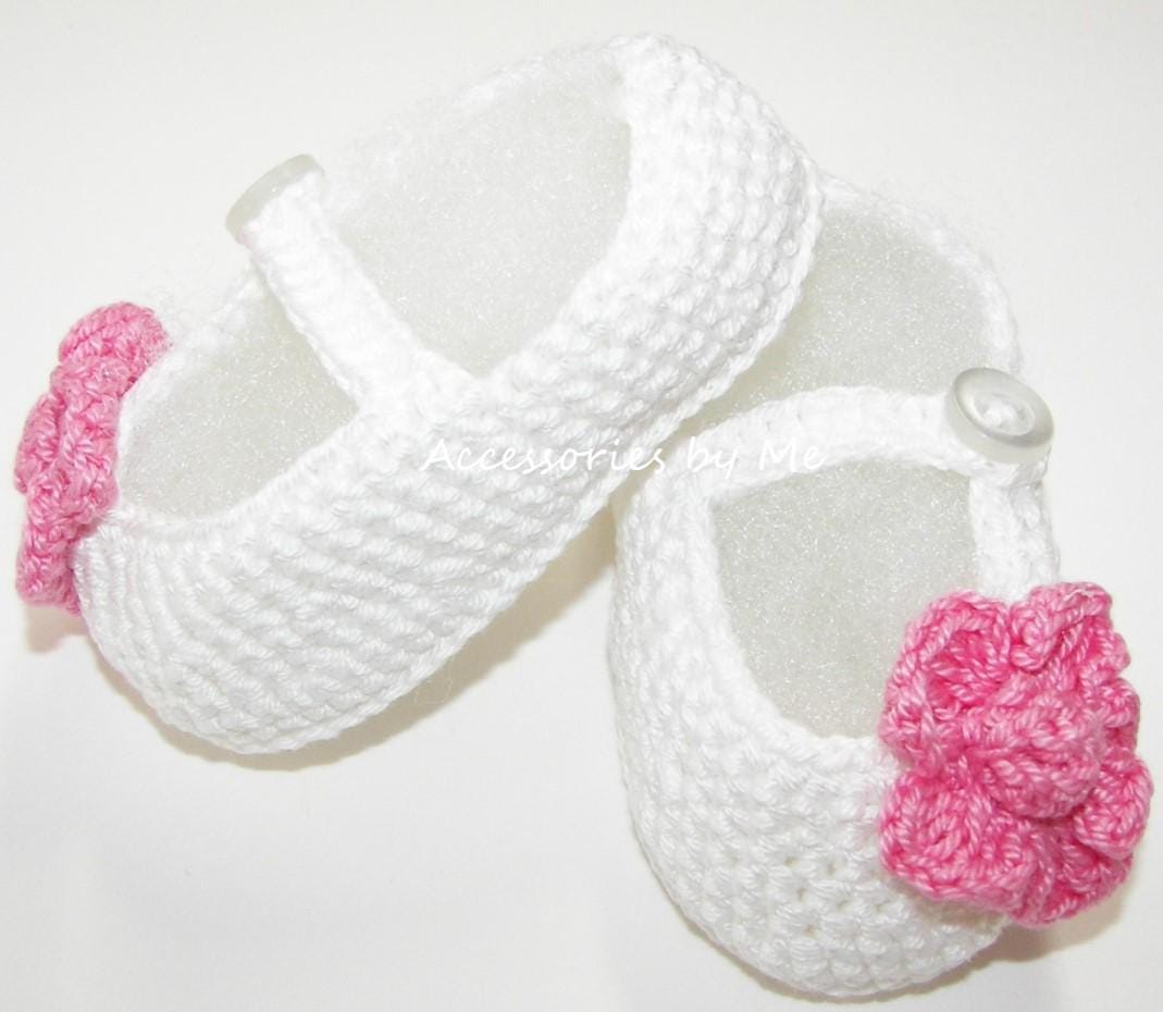 White Crochet Cotton Baby Booties with Pink Flower, Newborn Baptism Shoes (Size 0-1)