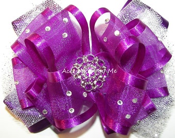 Glitzy Purple Hair Bow, Purple Tutu Bow Clip, Glitz Purple Organza Satin Tulle Bow Hair Clips, Pageant Purple Bows, Over the Top Purple Bows