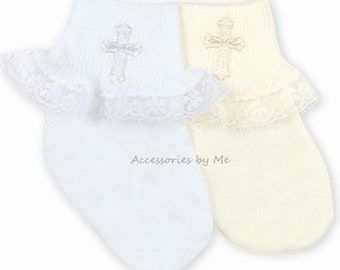 Baptism Socks, Baby Girls Lace Cross Socks, Christening Embroidered Cross Lace Trim Socks, Ivory Cross Socks, Newborn Infant Cross Lace Sock
